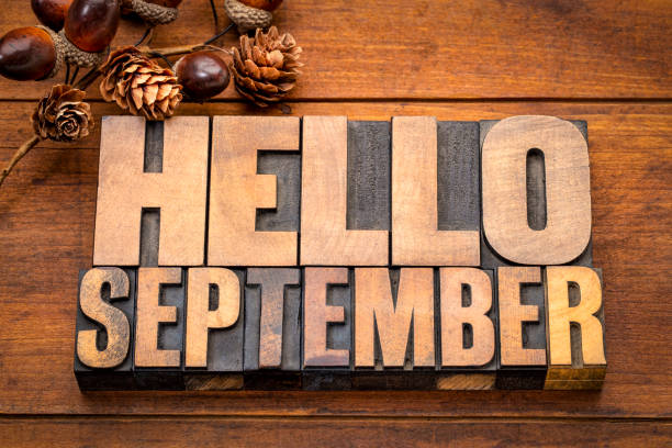 Hello September  word abstract in wood type Hello September - word abstract in vintage letterpress wood type blocks against grunge wooden background with a fall decoration printing block photos stock pictures, royalty-free photos & images
