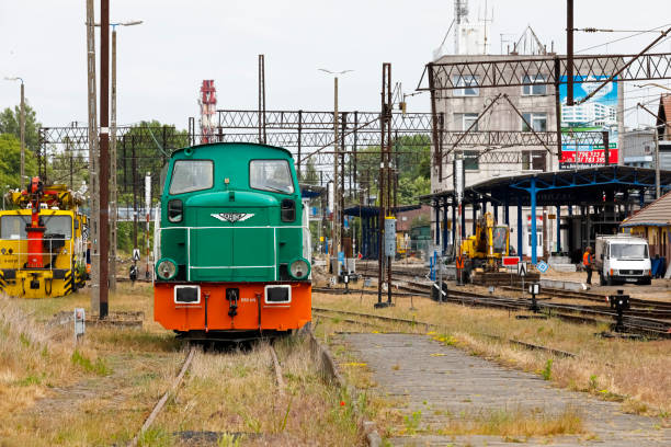 Kolobrzeg, Poland - June 14, 2018: A 401Da locomotive, which was manufactured in the second half of the 20th century in the Fablok factory, stands on one of the tracks of the Kolobrzeg railway station. About 500 of these locomotives were produced and the version shown in the photo dates back to 1976.