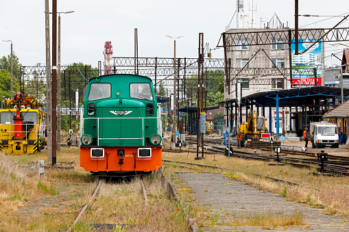 Kolobrzeg, Poland - June 14, 2018: A 401Da locomotive, which was manufactured in the second half of the 20th century in the Fablok factory, stands on one of the tracks of the Kolobrzeg railway station. About 500 of these locomotives were produced and the version shown in the photo dates back to 1976.