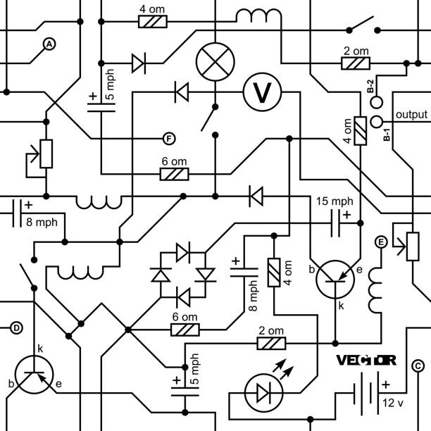 Vector seamless background of electrical circuit of radio device (resistance, transistor, diode, capacitor, inductor). Vector seamless background of electrical circuit of radio device (resistance, transistor, diode, capacitor, inductor). electricity drawings stock illustrations