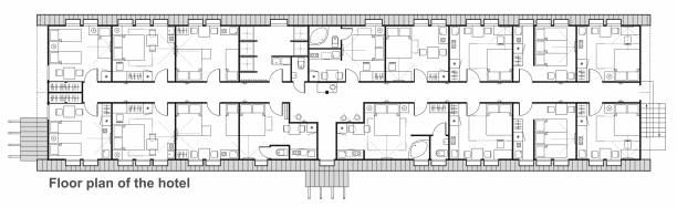 ilustrações de stock, clip art, desenhos animados e ícones de a set of thin line vector icons for interior planning with furniture. floor plan design project of hotel rooms. standard living rooms with a bedroom and a kitchen. - plan house home interior planning