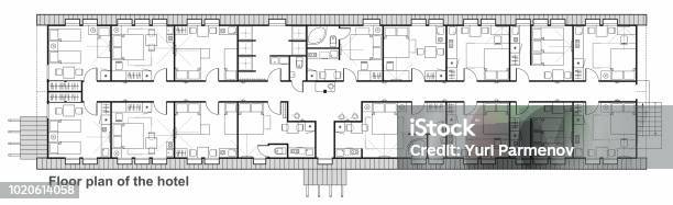 A Set Of Thin Line Vector Icons For Interior Planning With Furniture Floor Plan Design Project Of Hotel Rooms Standard Living Rooms With A Bedroom And A Kitchen Stock Illustration - Download Image Now