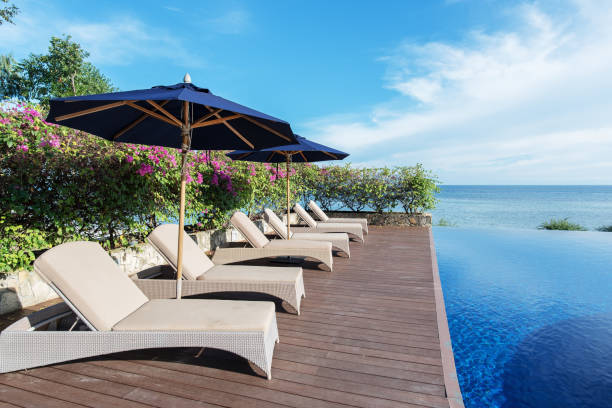istock Tropical resort infinity pool and loungers at seaside 1020616670