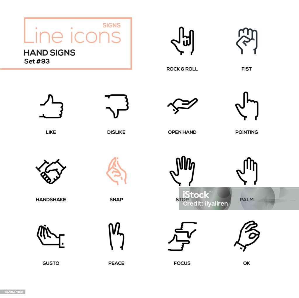 Hand signs - modern line design icons set Hand signs - modern line design icons set. High quality pictograms on white background. Rock and roll, fist, like, dislike, open, pointing, handshake, snap, stop, palm, gusto, peace, focus, ok Hand stock vector