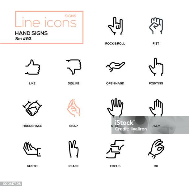 Hand Signs Modern Line Design Icons Set Stock Illustration - Download Image Now - Hand, Icon Symbol, Snapping Fingers