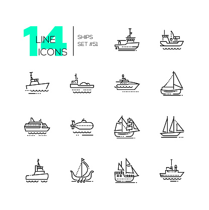 Water transport - thin line design icons set. Tugboat, dredging vessel, sailing yacht, self-propelled barge, patrol boat, ferry, submarine, brigantine, schooner, drakkar, pirate, survey, military ship
