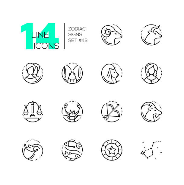 illustrations, cliparts, dessins animés et icônes de signes du zodiaque - définir des icônes du style ligne design - sacred site
