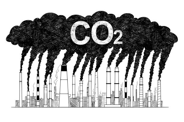 vektor-künstlerische zeichnung illustration rauchen schornsteine, konzept der industrie oder fabrik co2-luftverschmutzung - factory pollution smoke cartoon stock-grafiken, -clipart, -cartoons und -symbole
