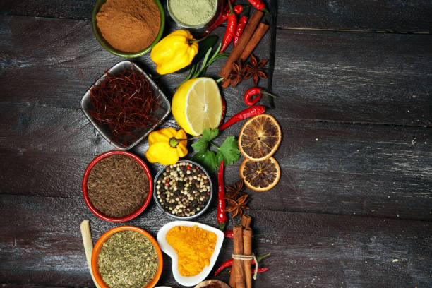 istock Spices and herbs on table. Food and cuisine ingredients. 1020628542