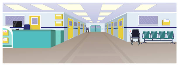 Hospital hall with reception, doors in corridor and chairs Hospital hall with reception, doors in corridor and chairs vector illustration. Clinic interior. Hospital concept. For websites, wallpapers, posters or banners. drawing of the hotel reception stock illustrations