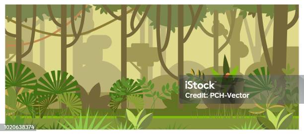 Jungle Landscape With Trees And Plants Vector Illustration Stock Illustration - Download Image Now