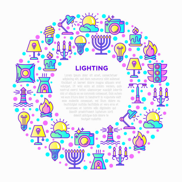 illustrazioni stock, clip art, cartoni animati e icone di tendenza di concetto di illuminazione in cerchio con icone di linea sottile: lampadina, led, cfl, candela, lampada da tavolo, luce del sole, faretto, flash, candelabro, falò, menorah, faro. illustrazione vettoriale, modello di supporto di stampa. - night table flash