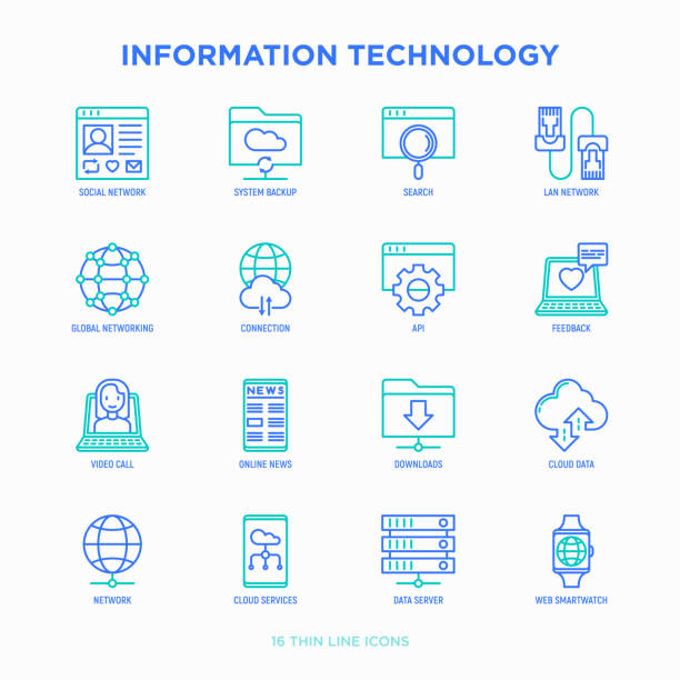 illustrations, cliparts, dessins animés et icônes de jeu d’icônes d’informations technologie fine ligne : réseau social, sauvegarde du système, recherche, réseau lan, connexion, api, rétroaction, appel vidéo, nouvelles en ligne, téléchargements, données sur les nuages. illustration vectorielle  - wireless technology voip internet network connection plug