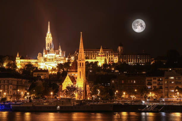 Night view  of the Pest side of Budapest across the Danube River in Hungary, Europe
