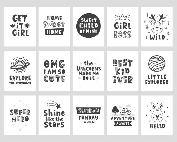vektor skandinavischen stil poster set mit handgezeichneten schriftzug phrasen - baby girls stock-grafiken, -clipart, -cartoons und -symbole