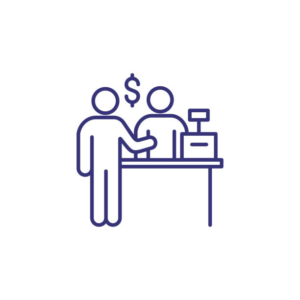 Customer at cashdesk line icon Customer at cashdesk line icon. Bank service, buying, financial advisor. Currency concept. Vector illustration can be used for topics like banking, finance, shopping receptionist stock illustrations