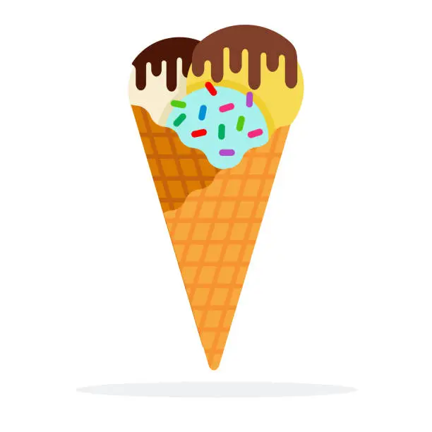 Vector illustration of Balls of ice cream in a waffle cone with chocolate sauce flat isolated