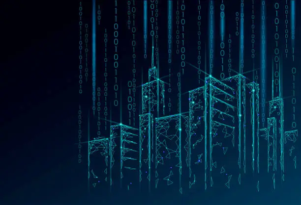 Vector illustration of Low poly smart city 3D wire mesh. Intelligent building automation system business concept. Binary code number data flow. Architecture urban cityscape technology sketch banner vector illustration