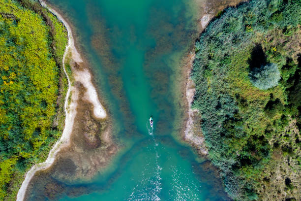 istock Aerial view of lake with man on paddleboard 1020703626