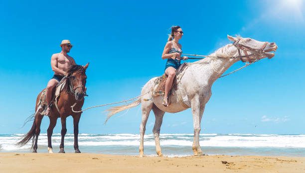 istock Young Couple riding a horse on the beach 1020712924