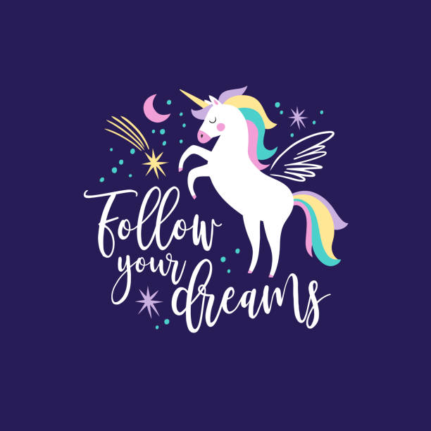 ilustrações de stock, clip art, desenhos animados e ícones de hand drawn vector galaxy unicorns with text on dark blue background. - unicorn pony horse cartoon