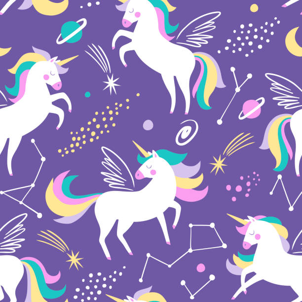 ilustrações de stock, clip art, desenhos animados e ícones de hand drawn seamless vector pattern with cute unicorns, stars and planet. - unicorn pony horse cartoon