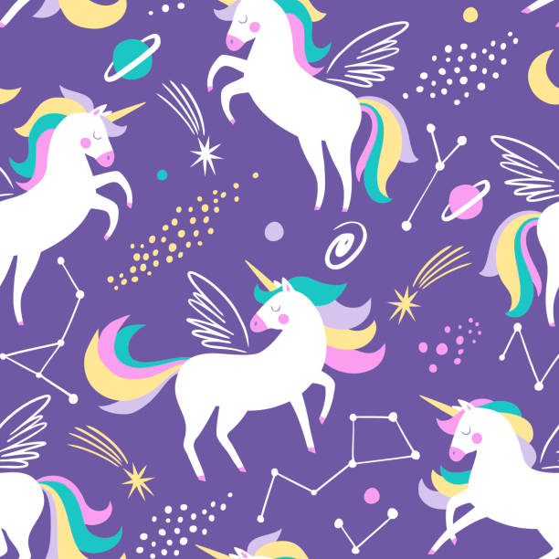 Hand drawn seamless vector pattern with cute unicorns, stars and planet. Repetitive wallpaper on purple background. Perfect for fabric, wallpaper, wrapping paper or nursery decor. Unicorn stock illustrations
