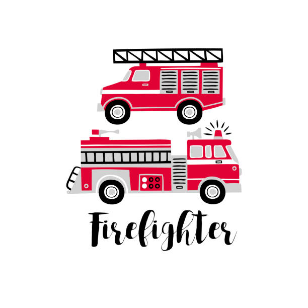Hand drawn vector fire engines with text. Tee-shirt logo on white background. cartoon of a fire truck wallpapers stock illustrations