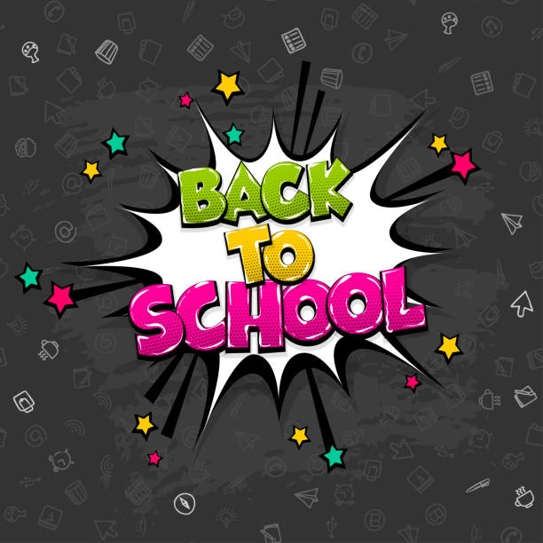 Back to school comic text pop art Back to school comic text pop art. Funny sound effect advertise. Colored sketch vector dark background in doodle style. First day in school speech bubble message. first day of school vintage stock illustrations