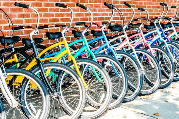 istock Group of bicycles in a row on sidewalk 1020715610