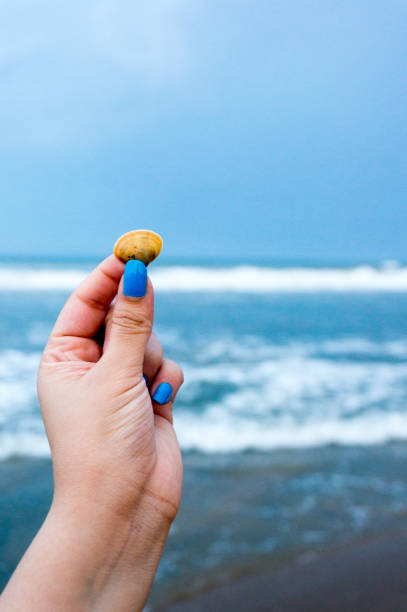 istock lady with blue painted nails holding a seashell on a beach 1020718664