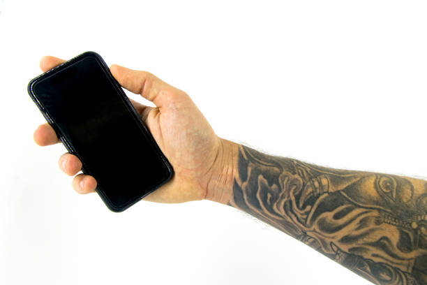 Mockup holding a black phone isolated in white background