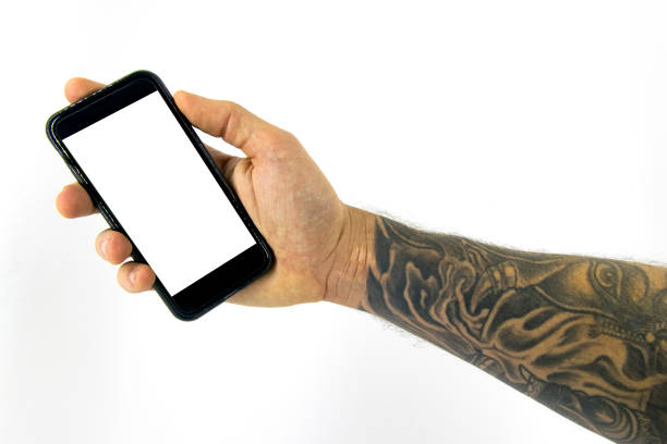 Screen presentation design hand holding phone isolated in white background