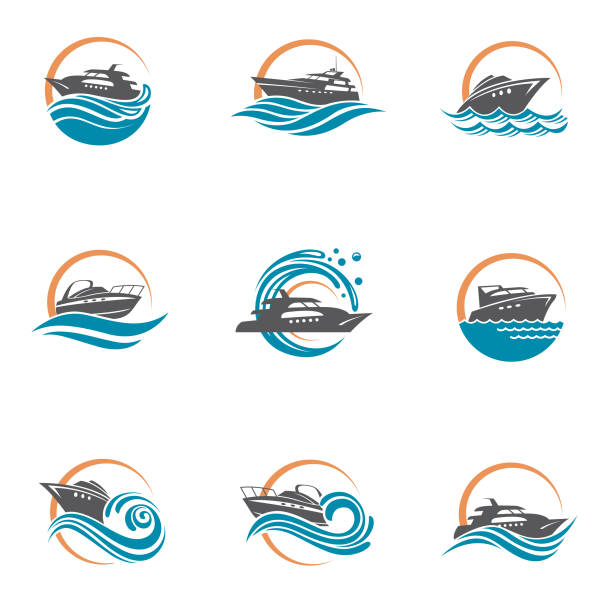 ilustraciones, imágenes clip art, dibujos animados e iconos de stock de iconos de lancha y yate - river wave symbol sun