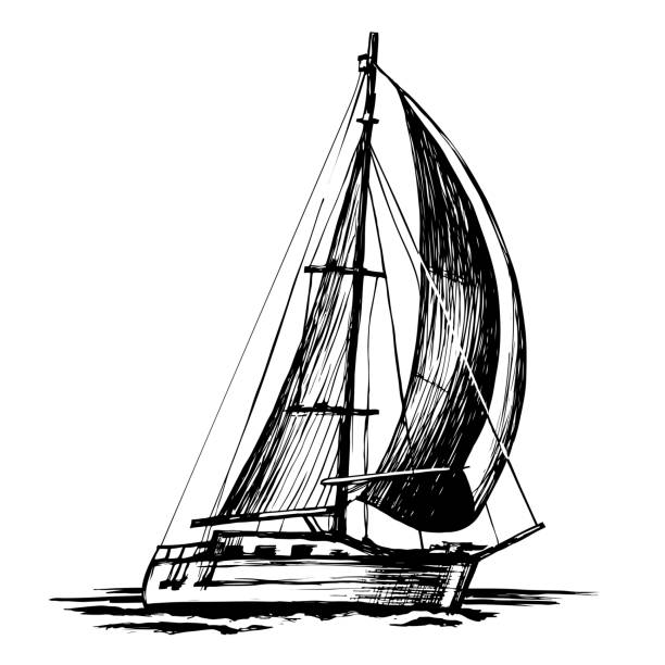 Single-masted sailboat vector sketch isolated Sailboat vector sketch, isolated and stylized waves. A sea single-masted yacht floats on the surface of the water. sailing stock illustrations