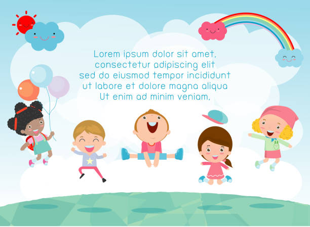 ilustrações de stock, clip art, desenhos animados e ícones de kids jumping on the playground, children jump with joy, happy cartoon child playing on background, template for advertising brochure,your text , kids and frame,child and frame,vector illustration - humor book fun human age