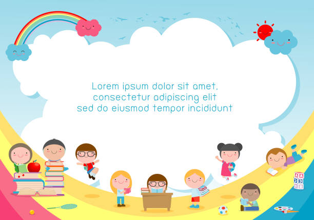 ilustraciones, imágenes clip art, dibujos animados e iconos de stock de volver a la escuela, niños escuela, concepto de educación, niños y libros, plantilla de folleto de publicidad, el texto, ilustración vectorial - child preschool backgrounds baby