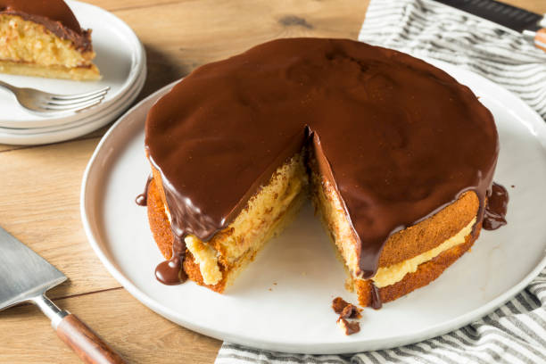 torta alla crema di boston al cioccolato fatta in casa - torta alla crema foto e immagini stock