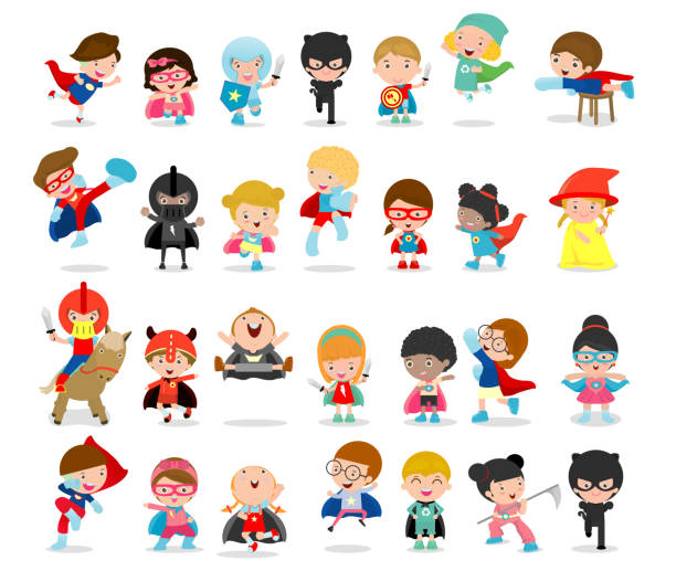 illustrations, cliparts, dessins animés et icônes de dessin animé gros superheroes kid vêtus de costumes de bandes dessinées, costumes pour enfants avec superhero ensemble de, enfants en super héros costume caractères isolés sur fond blanc, mignons petits super-héros enfants - cute boy