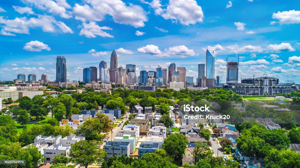 Downtown Charlotte, North Carolina, USA Skyline Aerial Drone Aerial of Downtown Charlotte, North Carolina, NC, USA Skyline. Charlotte - North Carolina Stock Photo