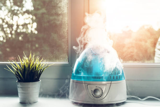 Air humidifier during work. The white humidifier moistens dry air. Improving the comfort of living in the home, apartment. Improving the well-being of people. humidity photos stock pictures, royalty-free photos & images