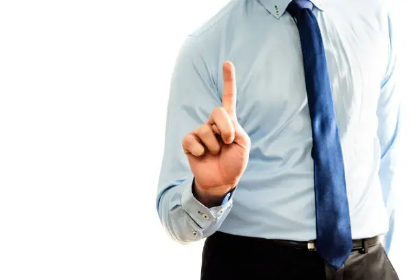Photo of Businessman or male wearing chemise with tie clicking by his finger in front of camera.
