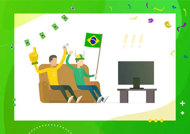 Vector illustration of Brazil football fans watching TV. Sport soccer party arranged by men at home.