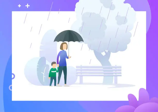 Vector illustration of Mother walking under umbrella with her child.