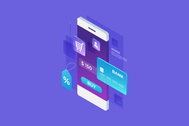 Concept of online shop, online shopping. Concept of online shop, online shopping. Online payment for goods. Isometric image of smart phone, bank card and tag on blue background. 3d flat design. Vector illustration. e commerce paying buying sale stock illustrations