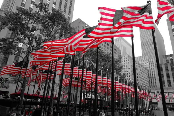 Highlighted red in american flag. Rockefeller, Newyork