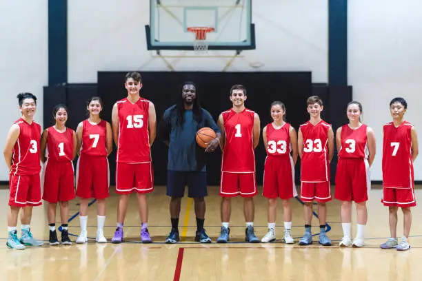 Photo of Portrait of a co-ed high school basketball team