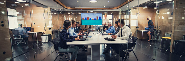 Company management attending a financial strategy presentation in a conference room enclosed by glass walls.