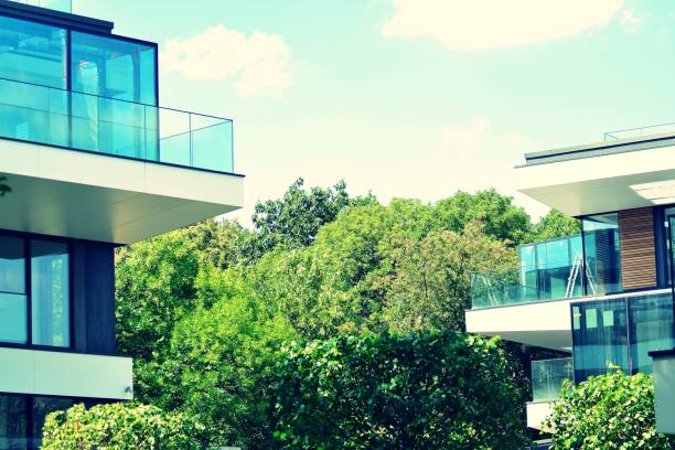 istock Modern apartment building exterior. Retro colors stylization 1020791480