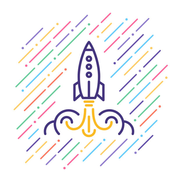 Rocket Launch Line Icon Line vector illustration of rocket startup. takeoff stock illustrations